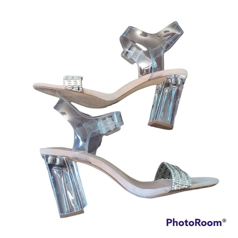 Steve Madden Lucite Clear Ankle Strap Block Heel Dress Sandals with Rhinestones